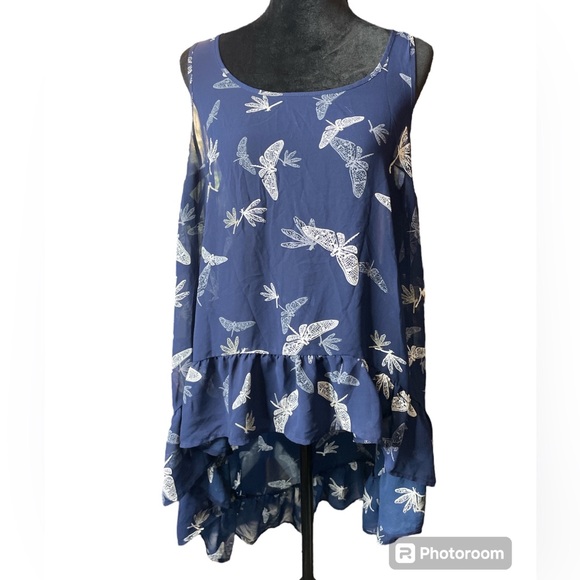 torrid Tops - Torrid Sheer High-Low Navy Blue Dragonfly Sleeveless Shirt/Blouse